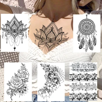

Sexy Black Lace Henna Temporary Tattoos For Women Chest Lotus Pendants Fake Jewelry Tattoo Sticker Adults Mehndi Tatoos Bracelet