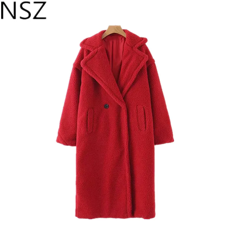 

NSZ Women Red Teddy Coat Double Breasted Long Winter Plush Bear Coat Warm Jacket Overcoat Fashion Fleece Outwear