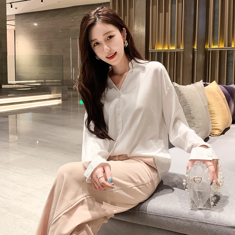 White Chiffon Blouse Women Long Sleeve Casual Loose Ladies Tops Female Solid Elegant Temperament Turn-down Collar Blue Shirt