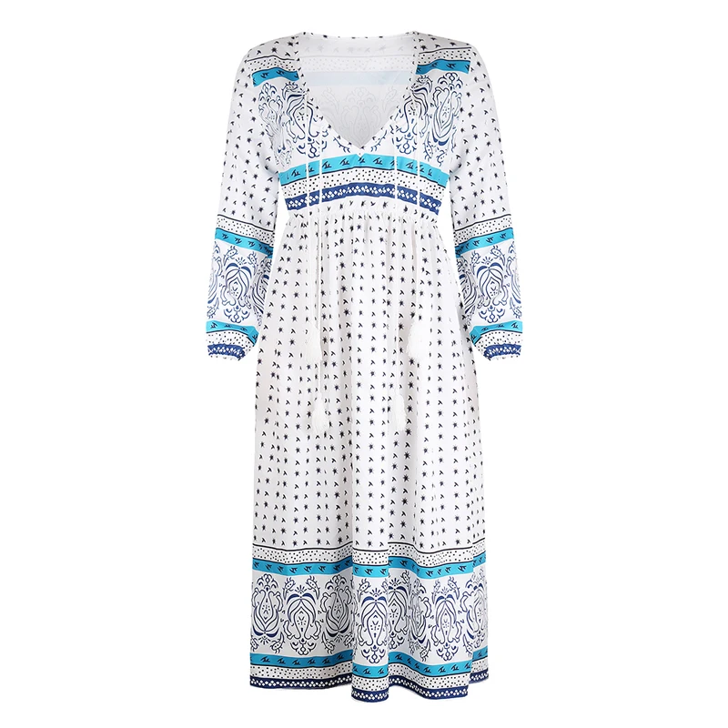 Light Blue Sfit богемное длинное платье макси, женское сексуальное платье с глубоким v-образным вырезом и расклешенными рукавами с цветочным принтом, пляжные вечерние платья, пляжное платье - Цвет: Light Blue