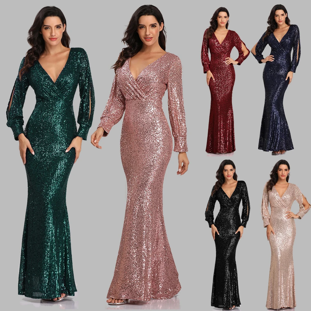 Sexy V neck Mermaid Evening Dress Long Formal Prom Party Gown Full Sequins long Sleeve Galadress Vestidos Women Dresses 2021|Evening Dresses| -...