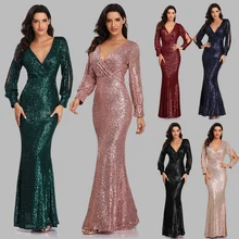 Sexy V-ausschnitt Meerjungfrau Abendkleid Lange Formale Prom Party Kleid Voller Pailletten langarm Galadress Vestidos Frauen Kleider 2021