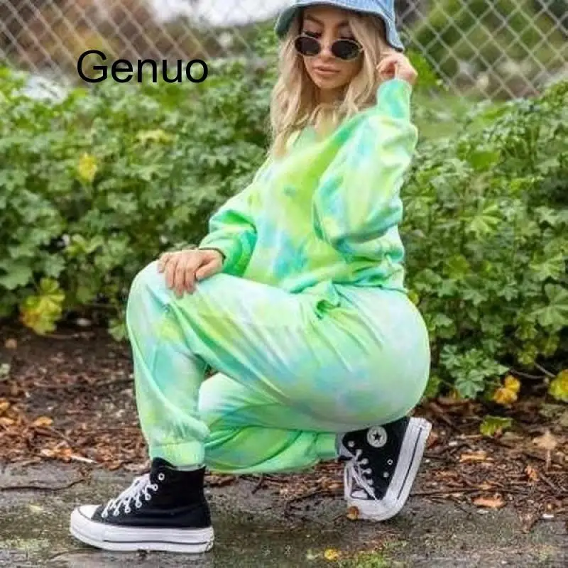 

Женский спортивный костюм с принтом Tie Dye, повседневный комплект из двух предметов, укороченный Топ с длинным рукавом и штаны, летняя уличная одежда, новинка 2020