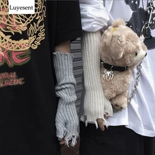 Black Gray Beige Tattered Punk Unisex Fingerless Cuff Knit Gloves Women Men Elbow Length Mittens Broken Cool Stretch Arm Warmer Black Gray Beige Tattered Punk Unisex Fingerless Cuff Knit Gloves Women Men Elbow Length Mittens Broken Cool Stretch Arm Warmer