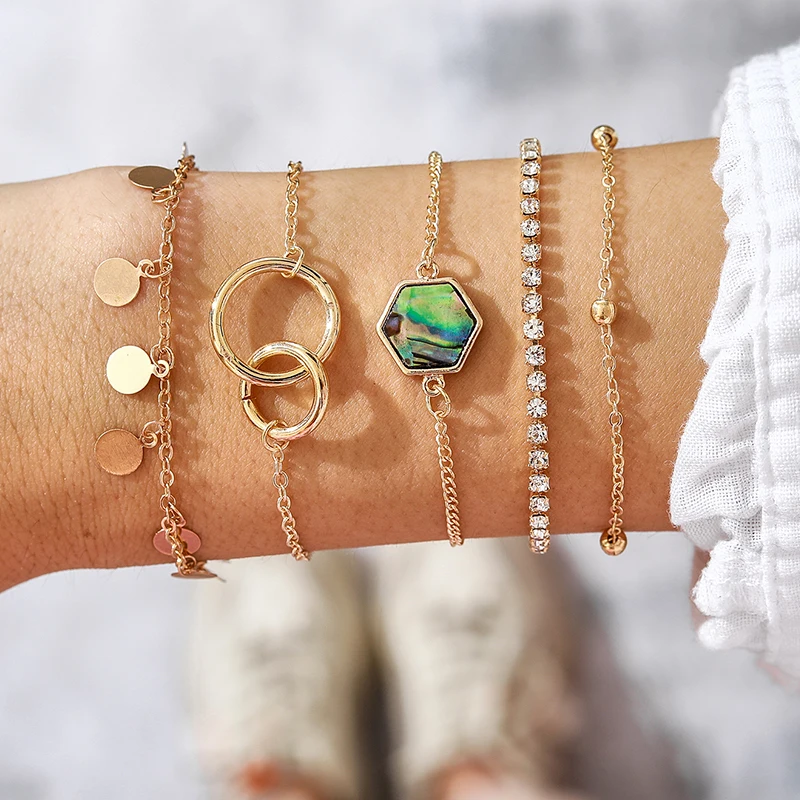 

HuaTang Boho Tennis Crystal Chains Bracelet Set for Women Multilayer Geometric Round Sequin Green Pendant Cuff Female Jewelry