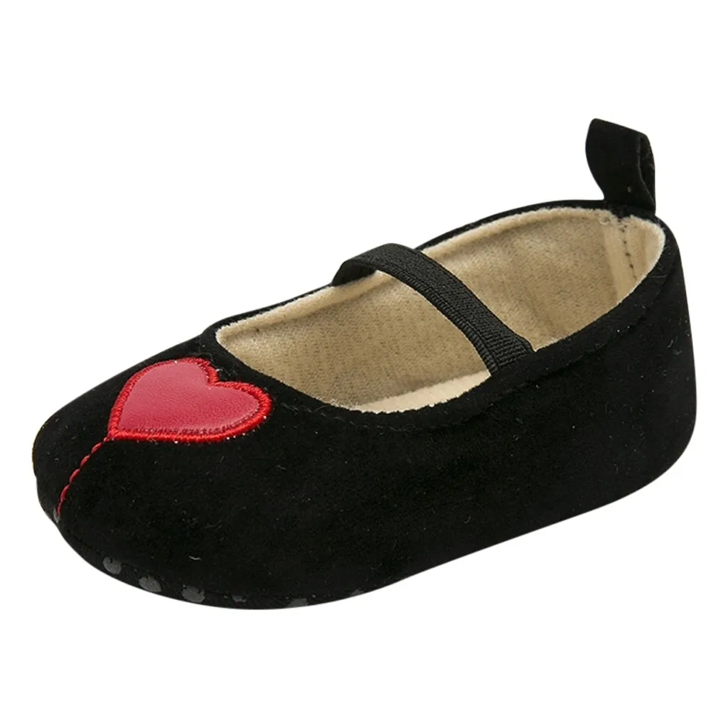 Милая обувь принцессы для маленьких девочек; обувь с закрытым носком для новорожденных; эластичная обувь из флока с сердечками для новорожденных; Bebek Ayakkabi; 30 - Цвет: Черный