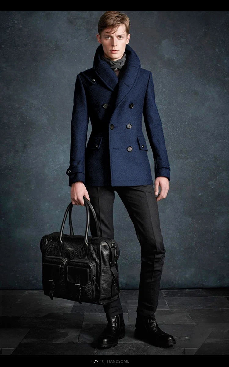 Men's woolen coat Paris show handsome military style double row autumn and winter youth mid-length woolen trench coat