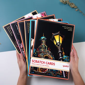 

21x29cm 4pc A4 Travel Around the World Scratch Cards Color Night View Scraping Painting Art Drawing Paper Kid Education Toy Gift