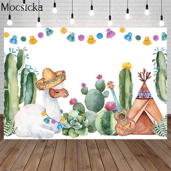 

Boho Llama Green Cactus Backdrop Whole Llama Fun Birthday Party Photography Background Girls Alpaca Birthday Decoration Supplies