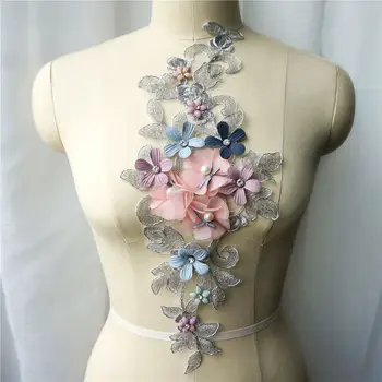 

Grey Pink 3D Flowers Beads Rhinestone Lace Fabric Embroidered Wedding Gown Appliques Sew Patch For Dress DIY Decoration