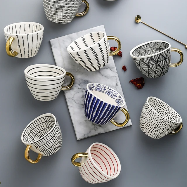 Creative Geometric Ceramic Mugs With Gold Handle Handmade Coffee Cups Irregular Shaped Tea Milk Mug Cup Unique Gifts Home Decor 2