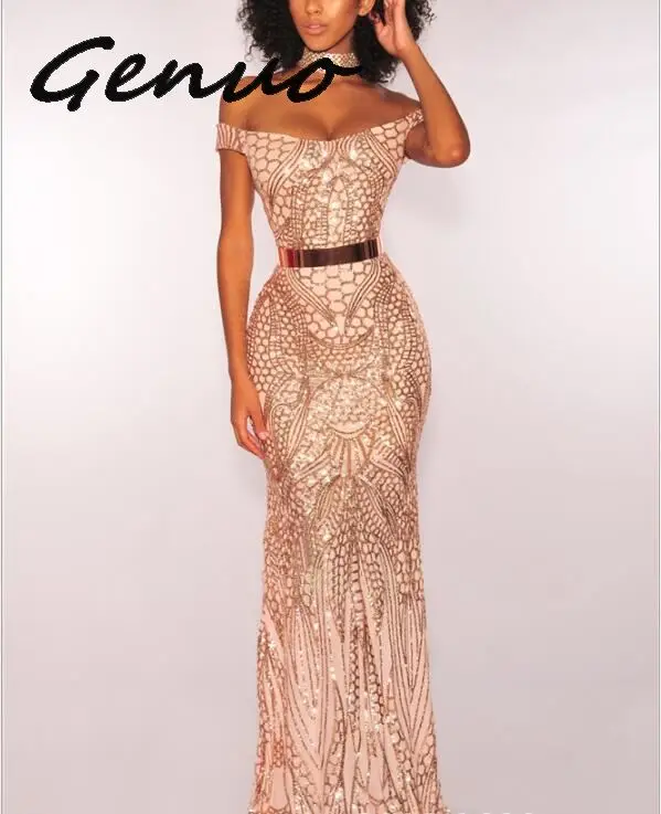 

Genuo Bodycon Slash Neck Off Should Long Evening Party Dress Bling Sequin Maxi Dress Elegant Strapless Club Vestido Robe Longue