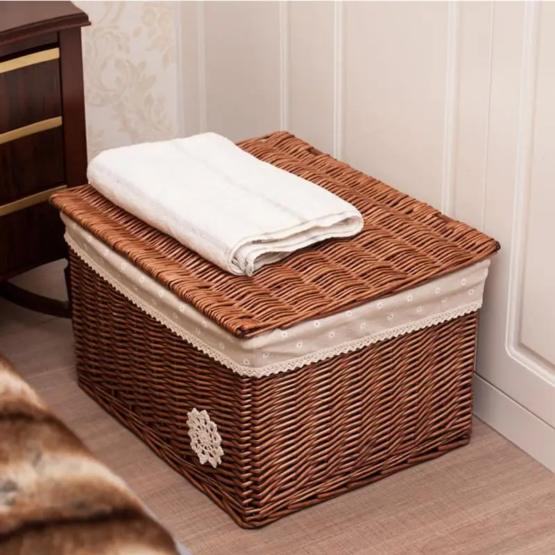 3pcs Per Set Wicker Basket with Cover Rattan Woven Basket Cosmetic Storage Box for Bedroom Living Room Desk Use