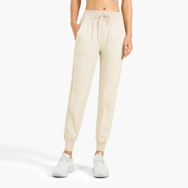 Women Sports Pants Fitness Yoga Legging Loose Running Athletic Clothe Casual Jogging Drawstring Feet Loose Trousers With Pockets Light yellow