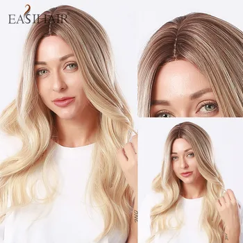 

EASIHAIR Long Wavy Synthetic Natural Hair Wig for Women Blonde Ombre Hairline Part Lace Wigs Heat Resistant Daily Wavy Wigs
