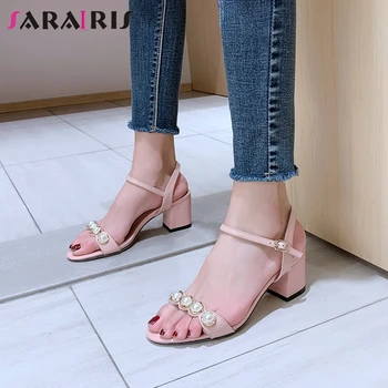 

SARAIRIS Ladies Summer Sweet Shallow Genuine Leather Sandals Elegant Beading Sandals Women High Heels Date Shoes Woman