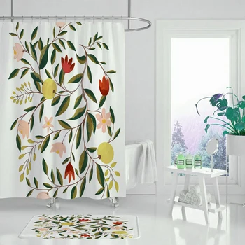 

Watercolor flower plant shower curtain blue shower curtain bathroom decoration waterproof curtain set