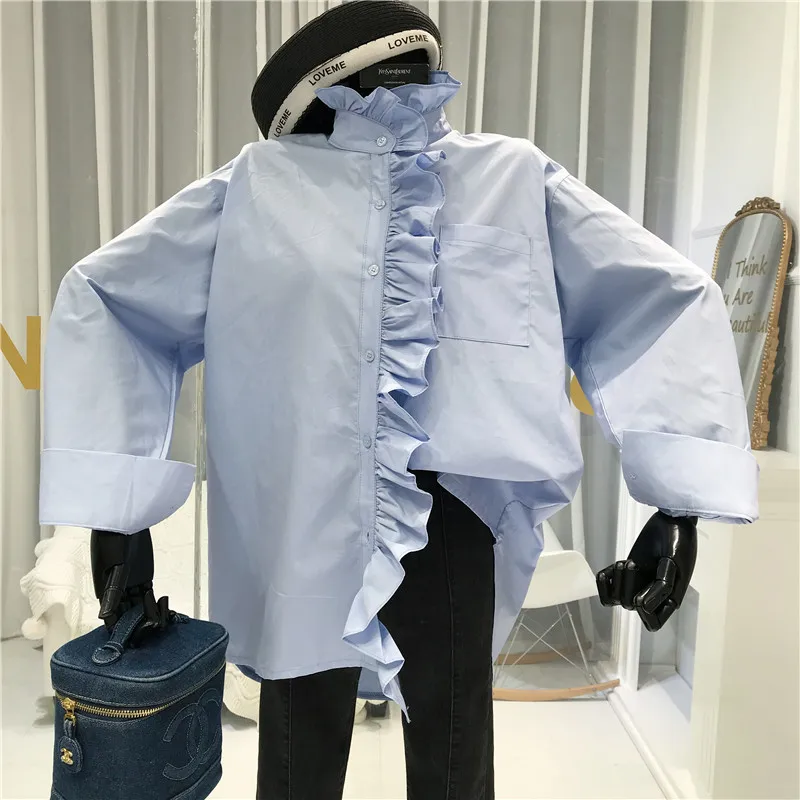Новинка, Blusas Mujer De Moda, блузка с оборками, Женская Весенняя рубашка с длинным рукавом, Blusas Femininas, Элегантная блузка из смешанного хлопка