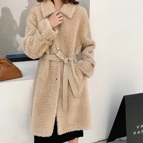 Beige Женское пальто с натуральным мехом, шерсть, женская одежда,, стрижка овец, Осень-зима, пальто для женщин, корейский стиль, Ретро стиль, A19236 YY1943 - Цвет: Beige