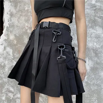 

Vintage new casual fashion women's pocket summer hip hop Harajuku gothic punk high waist A-Line Cargo Plain pleated skirt