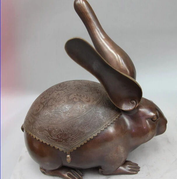 voge gem S1319 China Red Copper Bronze Animal Flower Hare Coney Rabbit Zodiac Statue Sculpture D0318