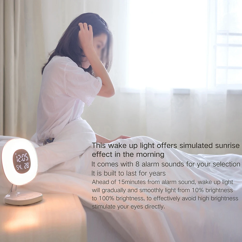Dimmable дети Повтор времени дисплей Будильник просыпаться светильник прикроватный Sunrise моделирование Беспроводное зарядное устройство спальня портативный цифровой - Цвет корпуса: US