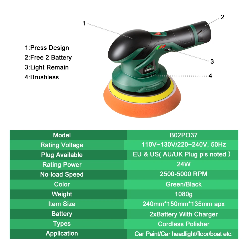 Polisseuse sans fil BATOCA S2, indicateur de vitesse LCD