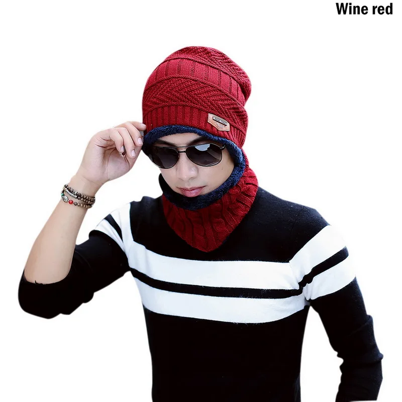 Oeak/Зимний комплект из 2 предметов, Шапочка-шарф, теплая вязаная Толстая шерстяная Кепка с подкладкой, шарф для мужчин и женщин, новая мода года - Цвет: wine red