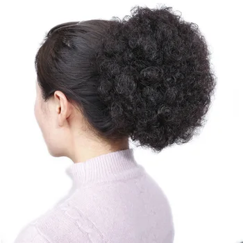

Synthetic Short Afro Kinky Drawstring Ponytail High Short Curly Temperature Pony Tail Clip In Hair Extension on Puff Hair Bun