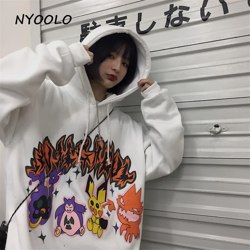 NYOOLO Harajuku стиль мультфильм буквы печати плюс бархат теплые толстовки Осень Зима Свободный пуловер толстовка с капюшоном для женщин мужчин - Цвет: Белый