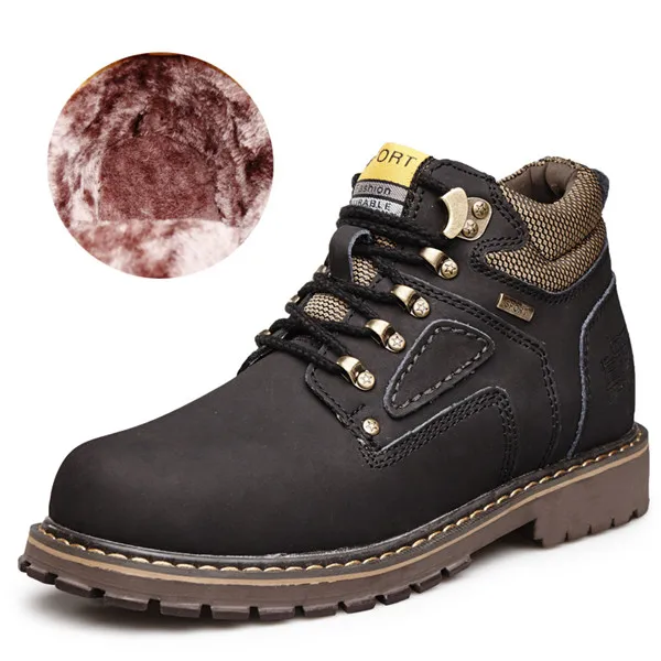 Черный Big Size New Super Warm Plush Men's Winter Split Leather Ankle Boots Waterproof Snow Boots Winter Motorcycle Boots Men Boots 47 - Цвет: Черный