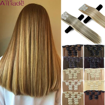 

AILIADE 16 Clips Long Straight Clip In Hair Extensions Synthetic Fake Hair Pieces Blonde Mix Brown 6Pcs/Set For Women