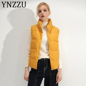 

YNZZU 2019 Autumn Winter Women Sleeveless Down Vest Solid 90% White Duck Down Jacket Female Stand Collar Warm Waistcoat A1181