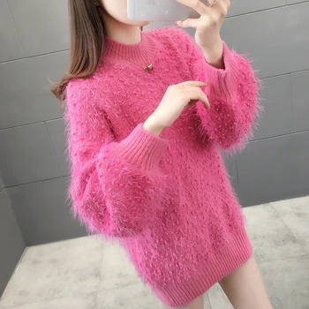 

4914l area 50] - real shot long hair half high collar Solid Color Lantern Sleeve medium long sleeve 65