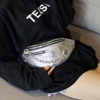 

Women Shoulder Chest Bags Fashion Attractive Shining Sparkly Sequins Chain Cracked Leather Fanny Pack Waist Bag