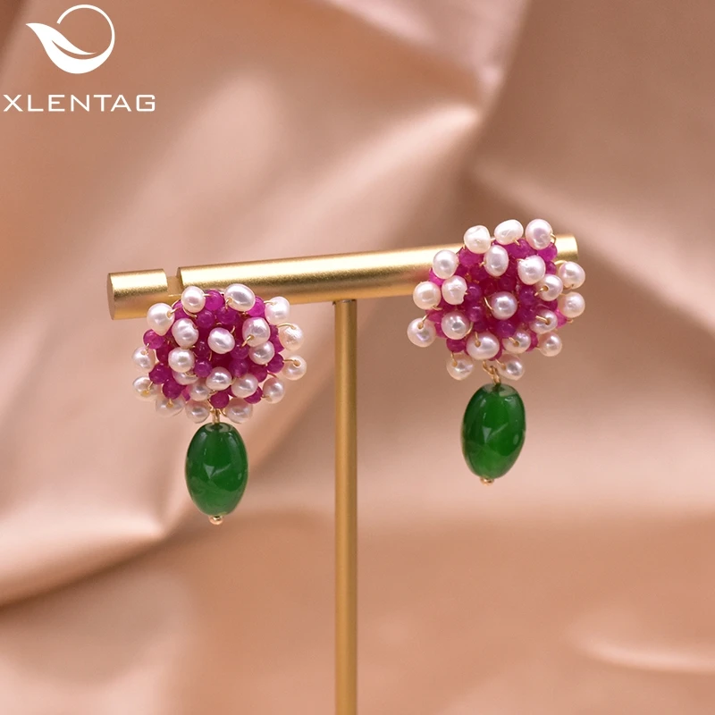XlentAg Natural Pearl Earrings Purple Beaded Drop Earings Women Accessories Wedding Gifts Green Stone Luxury Boho Jewrlry GE0416 | Украшения