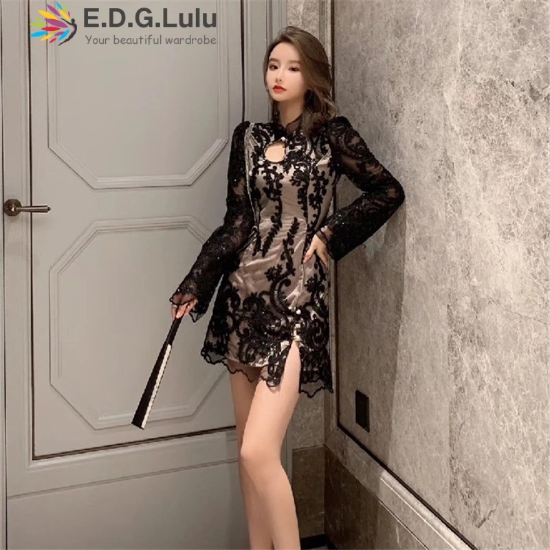 EDGLuLu осень Длинные рукава cheongsam белое кружевное платье элегантное платье в винтажном стиле с низким вырезом на спине, модели женских платьев с высоким, плотно облегающим шею воротником неправильной мини-платье