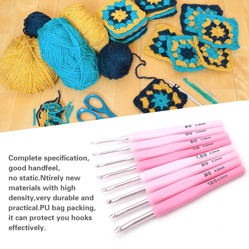 9pcs/Set Gradient Color Soft Handle Home Ergonomic Tool Sewing Sweater Weaving Craft Storage Crochet Hook Stitches Accessories