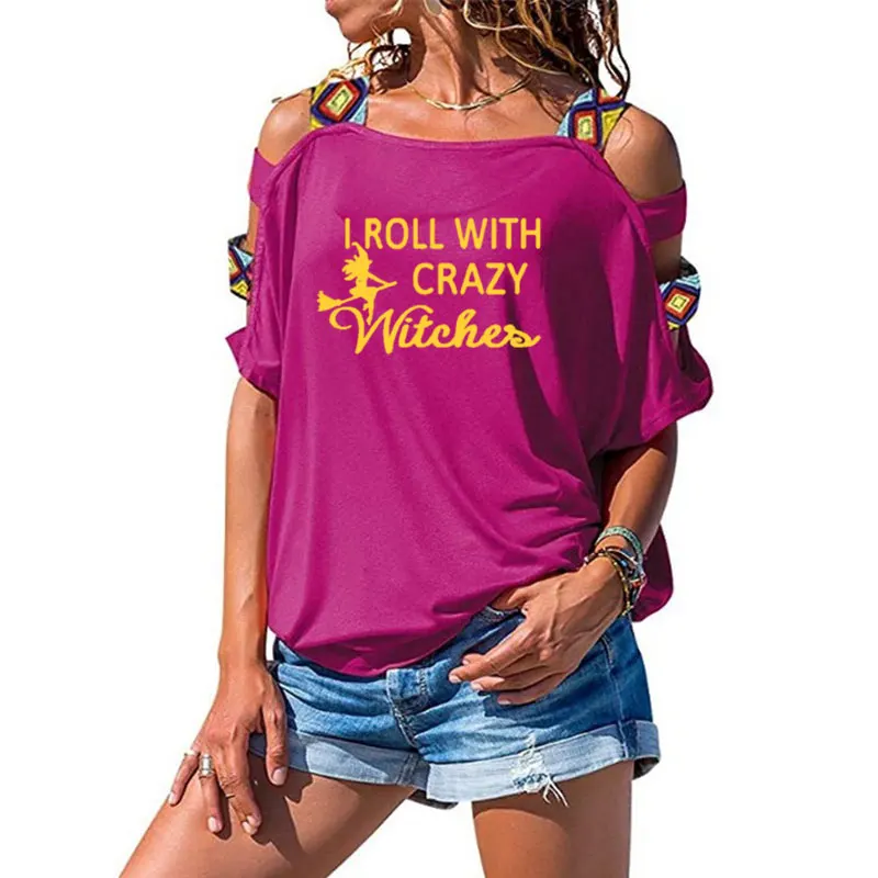 Распродажа, женские футболки с надписями Crazy Witches, сексуальные футболки с вырезами на плечах,, Harajuku, футболки для девочек - Цвет: 4