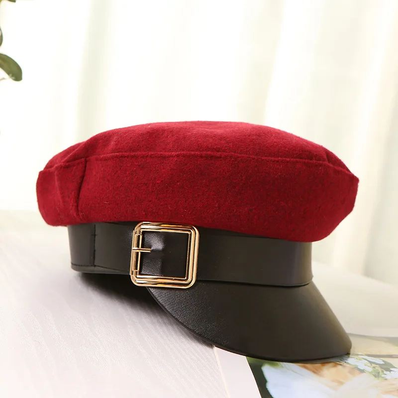 Женская шапка в европейском и американском стиле, стильный берет на осень и зиму, шерстяная шапка с плоским верхом, темно-синяя кепка с металлической пряжкой, восьмиугольник - Цвет: Color One Size