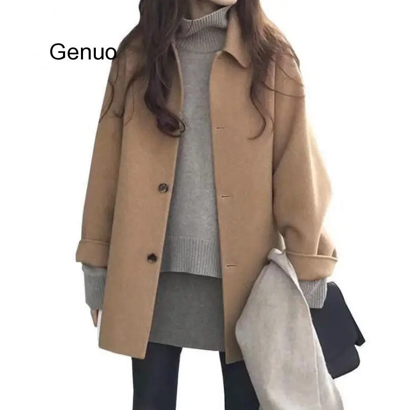 Spring Autumn Woolen Single-breasted Coat Female Mid-Long New Korean Temperament Women Popular Outerwear Woolen Coat Streetwear