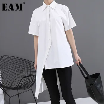 

[EAM] Women White Asymmetrical Temperament Blouse New Lapel Short Sleeve Loose Fit Shirt Fashion Tide Spring Summer 2020 1T456