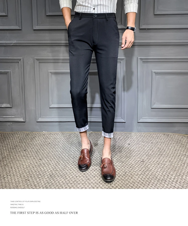 Высокого качества хлопковые повседневные штаны мужской костюм штаны мужские для бизнес на каждый день Slim Fit ботильоны Длина Pantalon; цвет черный, темно-синий Размеры: 28-34