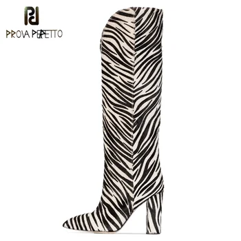 

Prova Perfetto Zebra Printing Knee High Boots Horse Hair Pointed Toe High Heel Shoes Woman Thick Heels Botas Mujer Invierno 2019