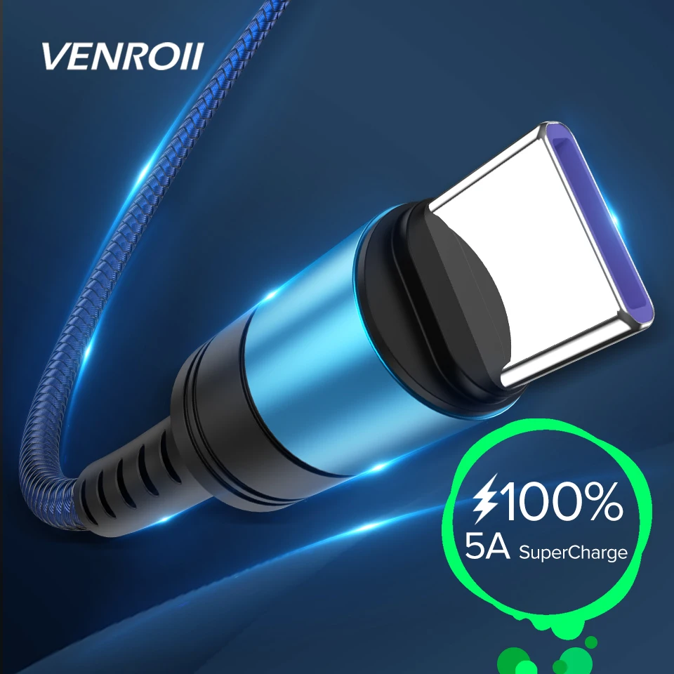 

Venroii USB Type C Cable 5A Supercharge 1m 2m Type-C Cord for Huawei P30 P20 Mate 30 Pro Honor 20 Quick Charge 3.0 4.0 USBC Cabo
