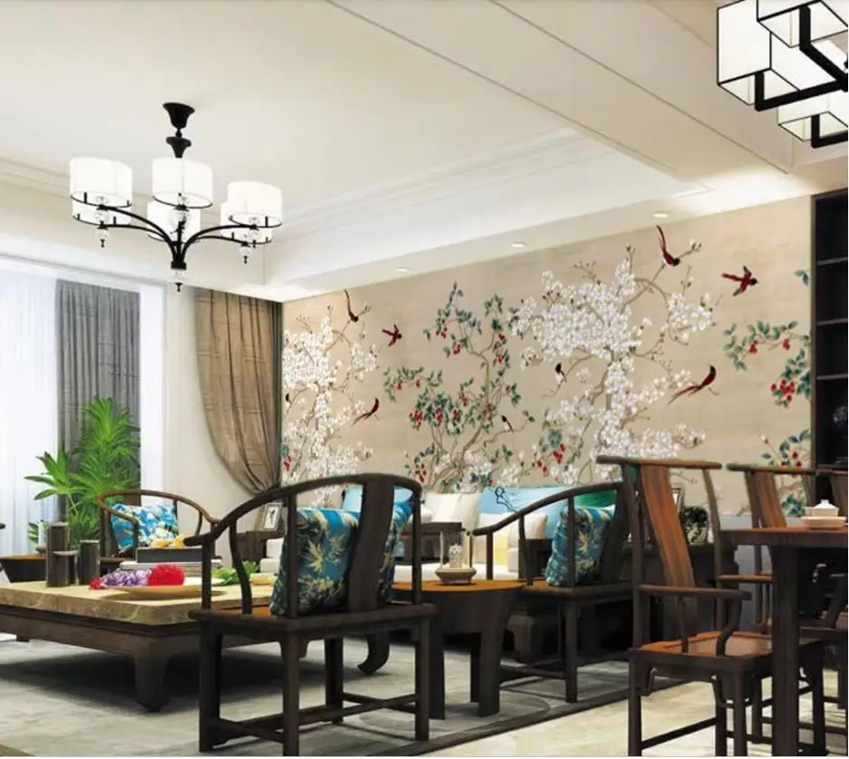 

customized wallpaper for walls New chinese style magnolia bird hand painted flowers and birds background wall