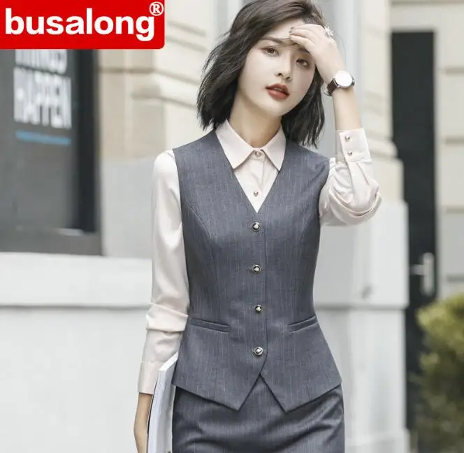grey striped Осенняя профессиональная одежда женский однобортный жилет элегантный v-образный вырез тонкий жилет пальто офисные женские большие размеры Спецодежда черный - Цвет: grey striped