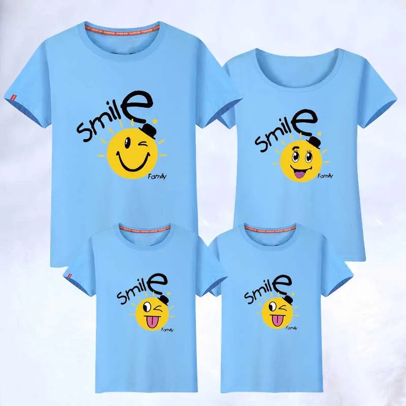 ELAN073blue4 Комплект одежды для семьи; футболки; новые модные хлопковые одинаковые футболки для всей семьи; рубашка со смайликом; Семейные комплекты с короткими рукавами - Цвет: ELAN073blue4
