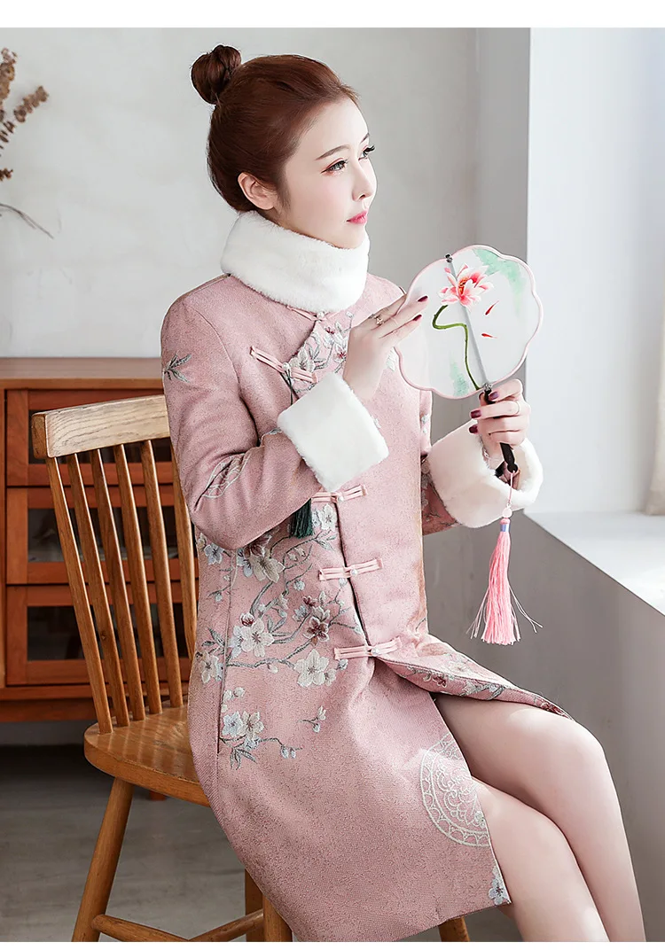 

2019 Autumn And Winter New Style Chinese-style Chinese Costume Thick Fur Collar Mid-length Improved Cheongsam Palace Jacquard Co