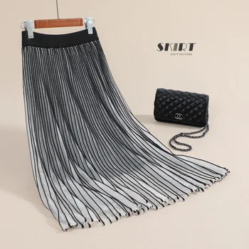 

Bornladies 2020 Autumn New Skirt Thin Mercerised Cotton Pleated Knitted Long Skirts A- Line Dress